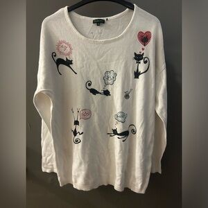 Tricotto fun light White Sweater with Cat Print with rhinestones‎